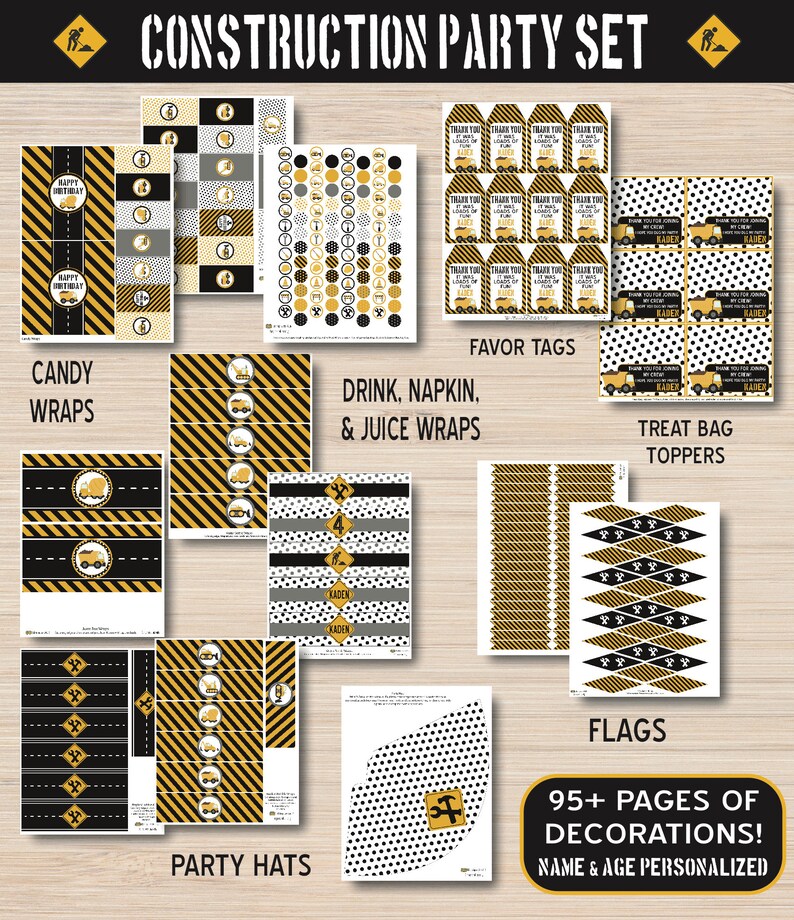 Puede incluir: Conjunto de imprimibles para fiesta de construcci&oacute;n con m&aacute;s de 95 p&aacute;ginas de decoraciones. Incluye etiquetas de favor, envoltorios de dulces, envoltorios de bebidas y servilletas, adornos para bolsas de golosinas, sombreros de fiesta y banderas. El dise&ntilde;o presenta rayas amarillas y negras, veh&iacute;culos de construcci&oacute;n y herramientas.