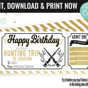 Birthday Hunting Trip Ticket Surprise Gift Voucher, Surprise Hunting Trip Printable Template, Editable Instant Download Gift Certificate