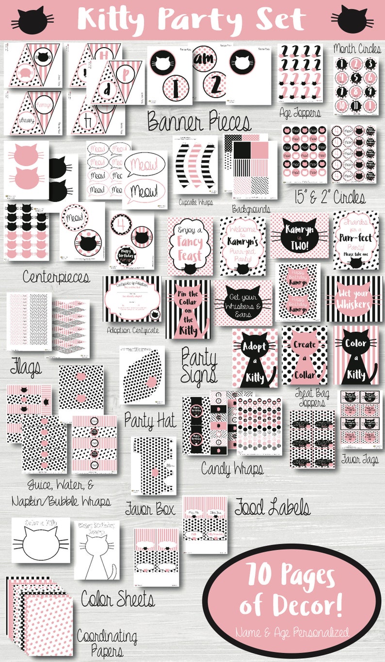 Op de afbeelding: Een printbare feestset met een roze en zwart katten thema. De set bevat banners, cupcake wrappers, voedsellabels, cadeauboxen, feestmutsen en meer. De set bevat 10 pagina's decoratie en is gepersonaliseerd met een naam en leeftijd.