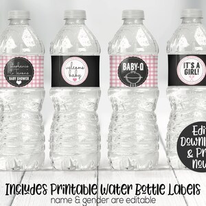 May include: Four printable water bottle labels with pink and black gingham patterns. The labels feature text that says "Stephanie & Tavans Baby Shower", "Welcome Baby", "Baby-Q", and "It's a Girl!" The labels are designed for a baby shower.