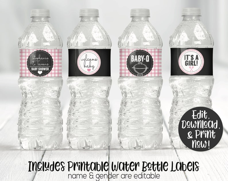 May include: Four printable water bottle labels with pink and black gingham patterns. The labels feature text that says "Stephanie & Tavans Baby Shower", "Welcome Baby", "Baby-Q", and "It's a Girl!" The labels are designed for a baby shower.