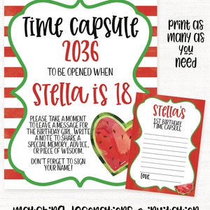 Puede incluir: Una c&aacute;psula del tiempo imprimible para el primer cumplea&ntilde;os de un ni&ntilde;o. El dise&ntilde;o presenta un tema de sand&iacute;a con rayas rojas y verdes. El texto dice "C&aacute;psula del tiempo 2036 Para abrir cuando Stella tenga 18 a&ntilde;os".