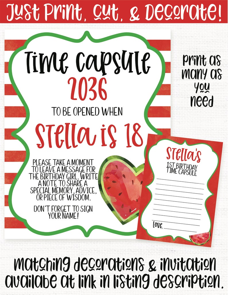 Puede incluir: Una c&aacute;psula del tiempo imprimible para el primer cumplea&ntilde;os de un ni&ntilde;o. El dise&ntilde;o presenta un tema de sand&iacute;a con rayas rojas y verdes. El texto dice "C&aacute;psula del tiempo 2036 Para abrir cuando Stella tenga 18 a&ntilde;os".