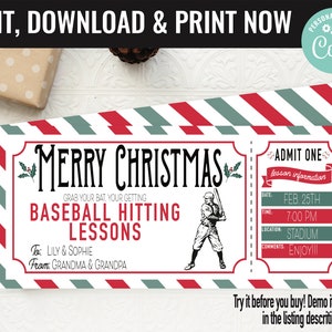 Christmas Baseball Lessons Surprise Gift Voucher, Hitting Lesson Surprise Printable Template Gift Card, Editable Instant Download Certificat