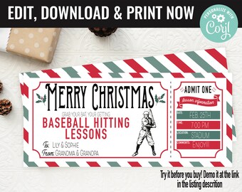 Pode incluir: Um certificado de presente de Natal imprimível para aulas de rebatidas de beisebol. O certificado é projetado para parecer um bilhete vintage com listras vermelhas e verdes. O texto diz "Feliz Natal, Pegue seu taco, você vai ter aulas de rebatidas de beisebol. Para: Lily & Sophie De: Avó & Avô. Admitir um: Informações da aula: Data: 25 de fevereiro Hora: 19:00 Local: Estádio Comentários: Aproveite!"