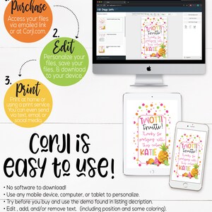 May include: A colorful digital design template for a "Two-tti Frutti!" party favor tag. The tag features a pineapple, watermelon, and strawberries with the text "Two-tti Frutti! Thanks for partying with this cutie KATIE".