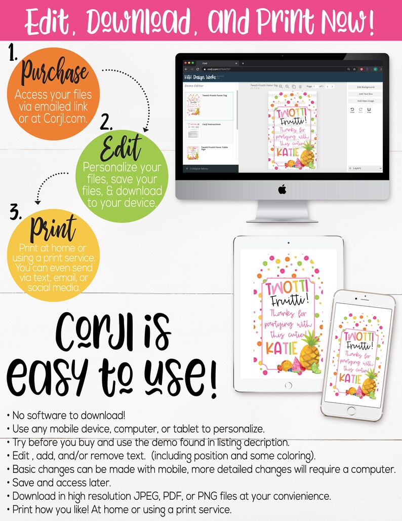 May include: A colorful digital design template for a "Two-tti Frutti!" party favor tag. The tag features a pineapple, watermelon, and strawberries with the text "Two-tti Frutti! Thanks for partying with this cutie KATIE".