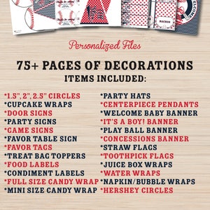 May include: A printable set of baseball-themed baby shower decorations. The set includes 75+ pages of decorations, including circles, cupcake wraps, door signs, party signs, game signs, favor table signs, favor tags, treat bag toppers, food labels, condiment labels, full size candy wraps, mini size candy wraps, party hats, centerpiece pendants, welcome baby banner, it's a boy banner, play ball banner, concessions banner, straw flags, toothpick flags, juice box wraps, water wraps, napkin/bubble wraps, and Hershey circles. The text "Same Day Turnaround M-F if ordered before 5PM CST" is also included.