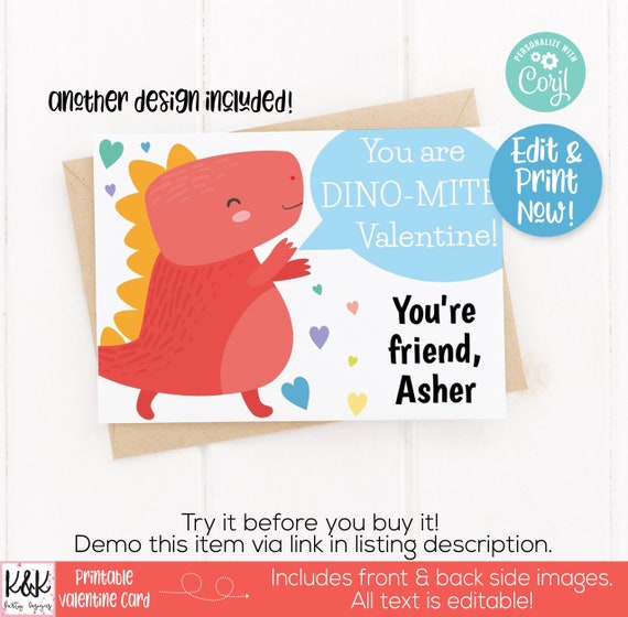 Dinosaur Printable Valentine Card, Kid Valentines Day Card, School Valentine Exchange, Class Valentine, Preschool Valentine, Boys Valentine Il_570xn