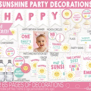 May include: A set of printable party decorations for a first birthday with a sunshine theme. The decorations include a banner, cupcake toppers, food labels, and more. The colors are pink, yellow, and blue. The text on the decorations says "Our Little Sunshine is One" and "Emily's 1st Birthday".