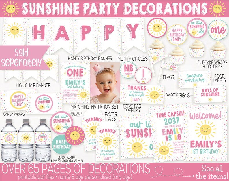 May include: A set of printable party decorations for a first birthday with a sunshine theme. The decorations include a banner, cupcake toppers, food labels, and more. The colors are pink, yellow, and blue. The text on the decorations says "Our Little Sunshine is One" and "Emily's 1st Birthday".