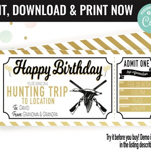Birthday Hunting Trip Ticket Surprise Gift Voucher, Surprise Hunting Trip Printable Template, Editable Instant Download Gift Certificate