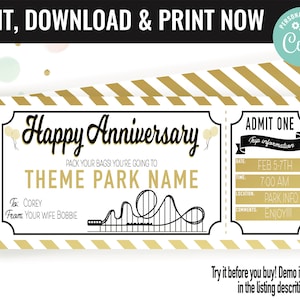 Anniversary Surprise Theme Park Ticket Gift Voucher, Amusement Park Printable Template Gift Card, Editable Instant Download Certificate