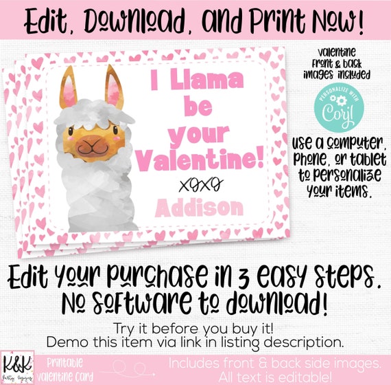 Llama Valentines Day Card, Kids Valentines Day Card Exchange, Llama be my Valentine, Class Valentine, School Valentine, Valentine Favor Il_570xn