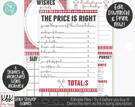 Baby Q Baby Shower Games Bundle, BBQ Baby Shower Printable Games, Baby Shower Activity, Red Gingham Baby Q Games, Baby Shower Games Package Il_570xn