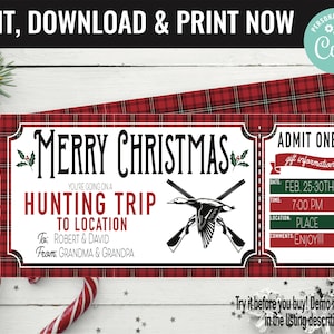 Christmas Hunting Trip Ticket Surprise Gift Voucher, Surprise Hunting Trip Printable Template, Editable Instant Download Gift Certificate