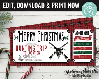 Christmas Hunting Trip Ticket Surprise Gift Voucher, Surprise Hunting Trip Printable Template, Editable Instant Download Gift Certificate