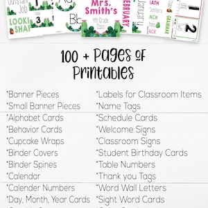 May include: A classroom printable pack with a cactus theme. The pack includes over 100 pages of printables, including banners, alphabet cards, behavior cards, cupcake wraps, binder covers, binder spines, calendars, calendar numbers, day, month, year cards, graphic cutouts, class jobs, labels for classroom items, name tags, schedule cards, welcome signs, classroom signs, student birthday cards, table numbers, thank you tags, word wall letters, sight word cards, color cards, and number cards.