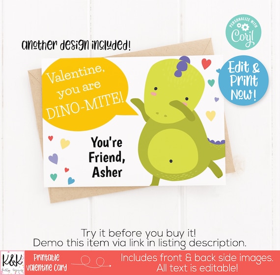 Dinosaur Printable Valentine Card, Kid Valentines Day Card, School Valentine Exchange, Class Valentine, Preschool Valentine, Boys Valentine Il_570xn