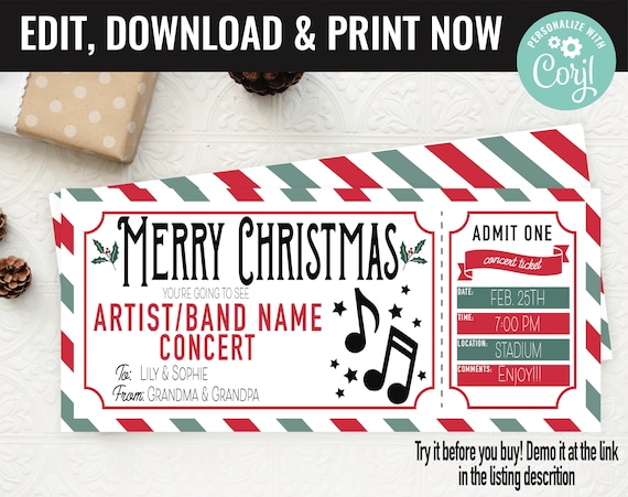 Christmas Concert Ticket Surprise Gift Voucher, Surprise Concert Show Artist Printable Template, Editable Instant Download, Gift Certificate Il_570xn