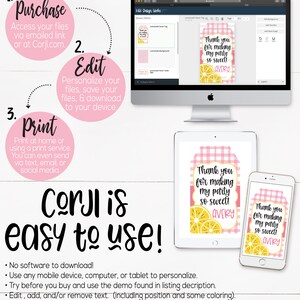 May include: A pink and white printable thank you tag with a lemonade theme. The tag features a pink gingham background with a lemon graphic and the text "Thank you for making my party so sweet! Avery".