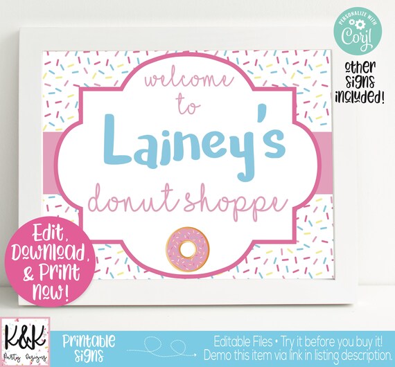 Donut Party Signs, Donut Welcome Sign, Donut Birthday Party Decorations, Girls 1st Birthday, First Birthday, Donut Printable, Editable Sign Il_570xn