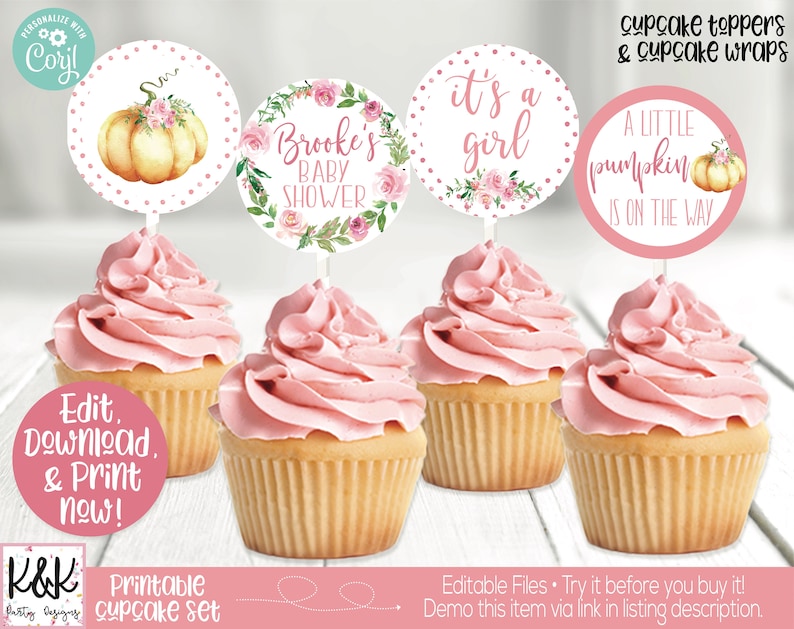 Może przedstawiać: Drukowane ozdoby i opakowania na babeczki z motywem dyni, wieńca kwiatowego i tekstem "To dziewczynka", "Baby Shower Brooke" i "Mała dynia jest w drodze".