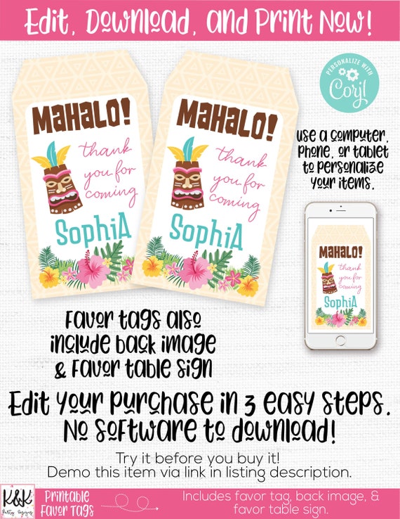 Luau Favor Tags, Luau Birthday Party, Luau Favor Label, Luau Thank You, Luau Party Favor, Luau Party Decorations, Tiki Party, Tropical Party Il_570xn