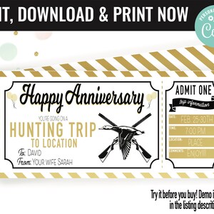 Anniversary Hunting Trip Ticket Surprise Gift Voucher, Surprise Hunting Trip Printable Template, Editable Instant Download Gift Certificate