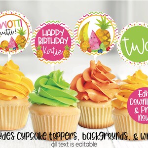 Twotti Fruitti Birthday Party Decorations, Fruit Cupcake Toppers, Tutti Fruitti, Girls Second Birthday, 2nd Birthday, Fruit Party Printable image 2