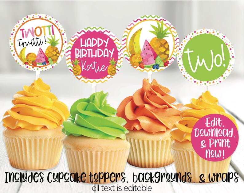 Twotti Fruitti Birthday Party Decorations, Fruit Cupcake Toppers, Tutti Fruitti, Girls Second Birthday, 2nd Birthday, Fruit Party Printable image 2