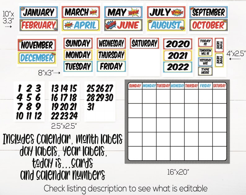 Superhero Classroom Calendar Set Printable Superhero Theme - Etsy