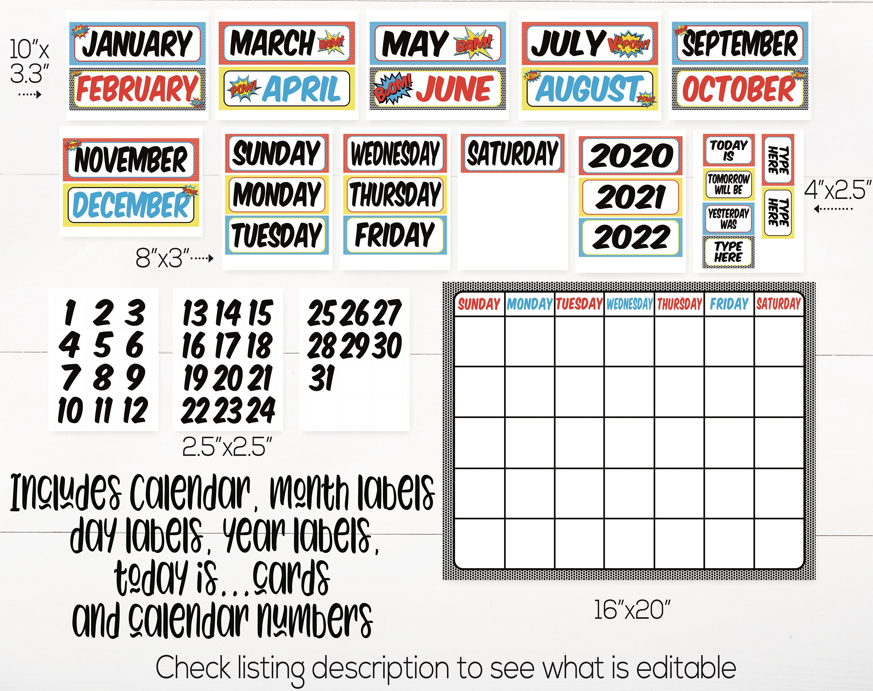 Superhero Classroom Calendar Set Printable Superhero Theme Etsy