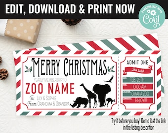 Zoo Membership Surprise Gift Voucher, Zoo Surprise Trip Printable Template Gift Card, Editable Instant Download Certificate, Christmas Gift