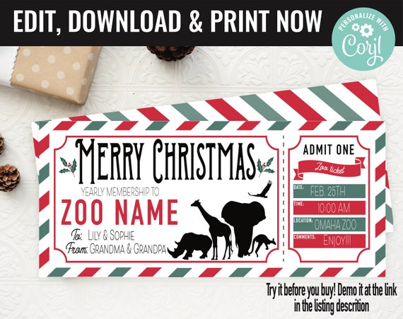 Zoo Membership Surprise Gift Voucher, Zoo Surprise Trip Printable Template Gift Card, Editable Instant Download Certificate, Christmas Gift Il_570xn