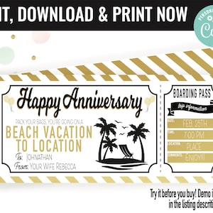 Beach Trip Ticket Surprise Anniversary Gift Voucher, Beach Surprise Trip Printable Template Birthday Gift Card, Editable Instant Download