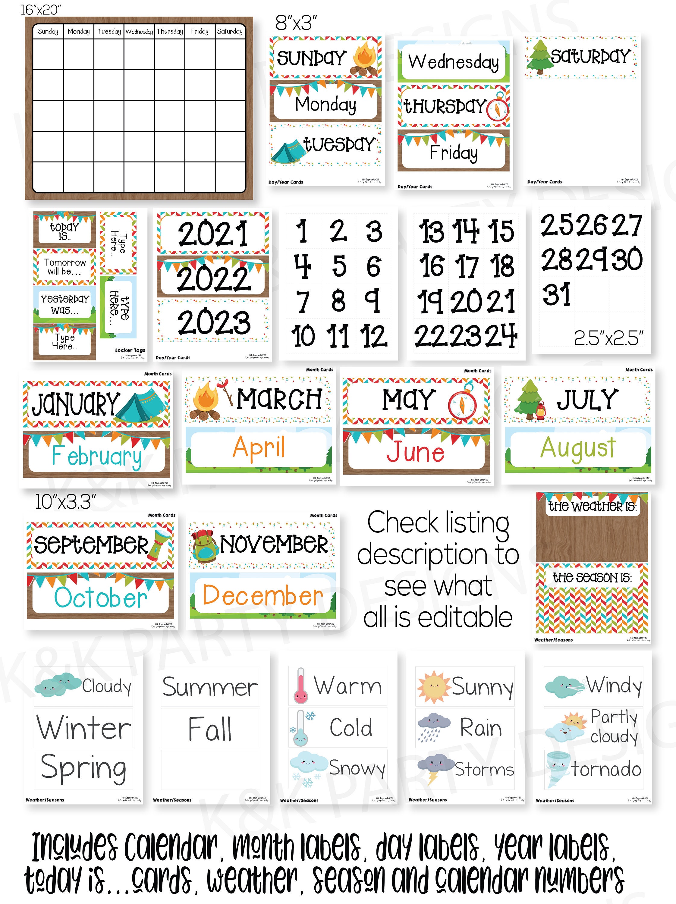 Camping Classroom Calendar Set Printable Camping Forest Etsy Canada