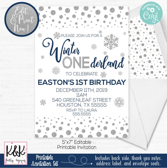 Instant Download Winter Onederland Invitation Boy, Winter Birthday, Snowflake Birthday, Winter Wonderland, First Birthday Invitation Il_570xn