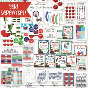 May include: A printable set of fishing party decorations in red, blue, and green. The set includes a name banner, high chair banners, cupcake wraps, time capsule, cutouts, centerpieces, candy wraps, a color sheet, a party hat, a favor box, flags, food labels, treat bag toppers, and more. The text on the image says "75+ Pages of Decorations, Name & Age Personalized".