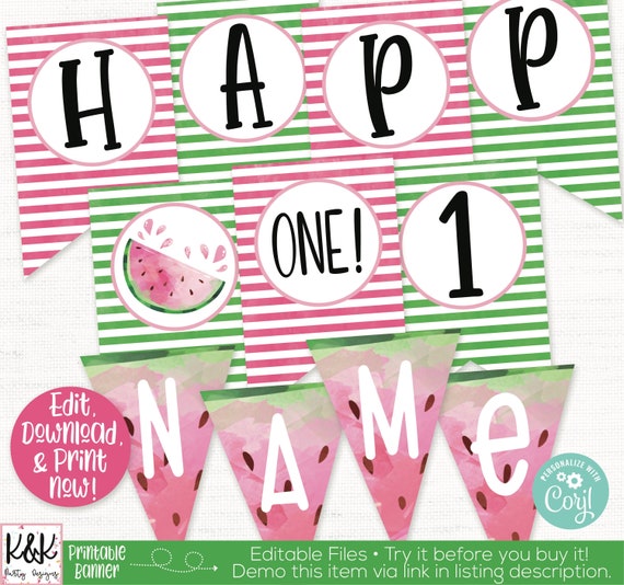 Watermelon Banner, Watermelon Birthday Party Decorations, One in a Melon, Summer Party, 1st Birthday, First Birthday, Girls Birthday, Invite Il_570xn