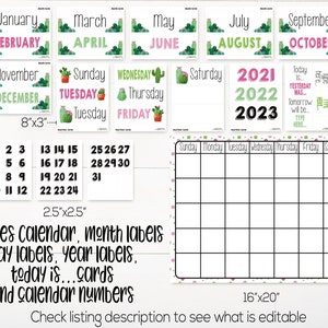 Cactus Classroom Calendar Set Printable, Cactus Theme, Teacher Supply, Printable Classroom Teacher Decoration and Supplies, Calendar Board image 2