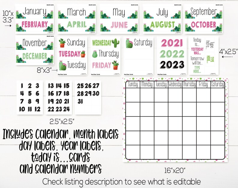 Cactus Classroom Calendar Set Printable, Cactus Theme, Teacher Supply, Printable Classroom Teacher Decoration and Supplies, Calendar Board image 2