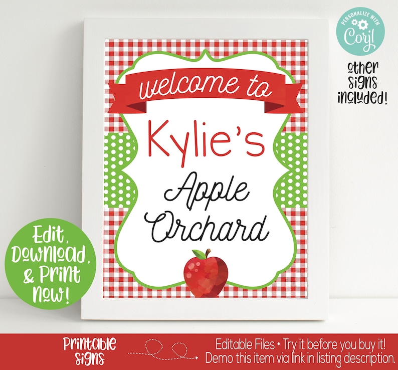 Op de afbeelding: Printbare bord met een rood-witte ruitjespatroon en groene stippen. Het bord zegt "Welkom bij Kylie's Apple Orchard" met een rode appel-illustratie.
