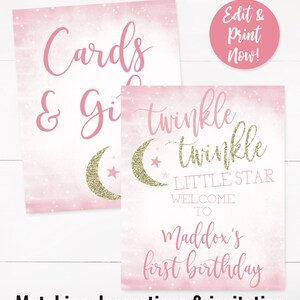 Twinkle Twinkle Little Star Party Decorations, Twinkle Little Star Party Sign, First Birthday Girl, Girl 1st Birthday, Editable Instant image 4