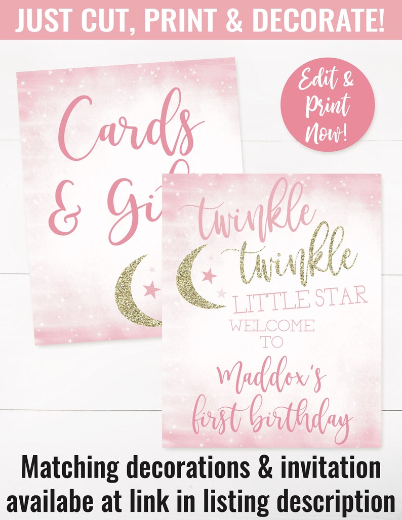 Twinkle Twinkle Little Star Party Decorations, Twinkle Little Star Party Sign, First Birthday Girl, Girl 1st Birthday, Editable Instant image 4