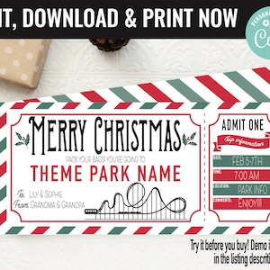 Christmas Surprise Theme Park Ticket Gift Voucher, Amusement Park Printable Template Gift Card, Editable Instant Download Certificate