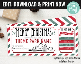 May include: A printable Christmas ticket with a red and green striped background. The ticket says "Merry Christmas" and "Pack your bags! You're going to [THEME PARK NAME]" with a cartoon roller coaster. The ticket also includes a section for trip information with the date, time, location, and comments.