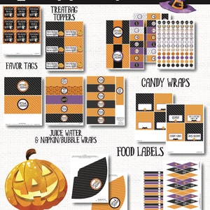 May include: Printable Halloween party decorations in orange, black, and purple. Includes treat bag toppers, favor tags, juice and water bottle wraps, candy wraps, food labels, party hats, and flags. The text on the image says "Halloween Party Decorations", "Treatbag Toppers", "Favor Tags", "Juice, Water, & Napkin/Bubble Wraps", "Party Hats", "Candy Wraps", "Food Labels", and "Flags".