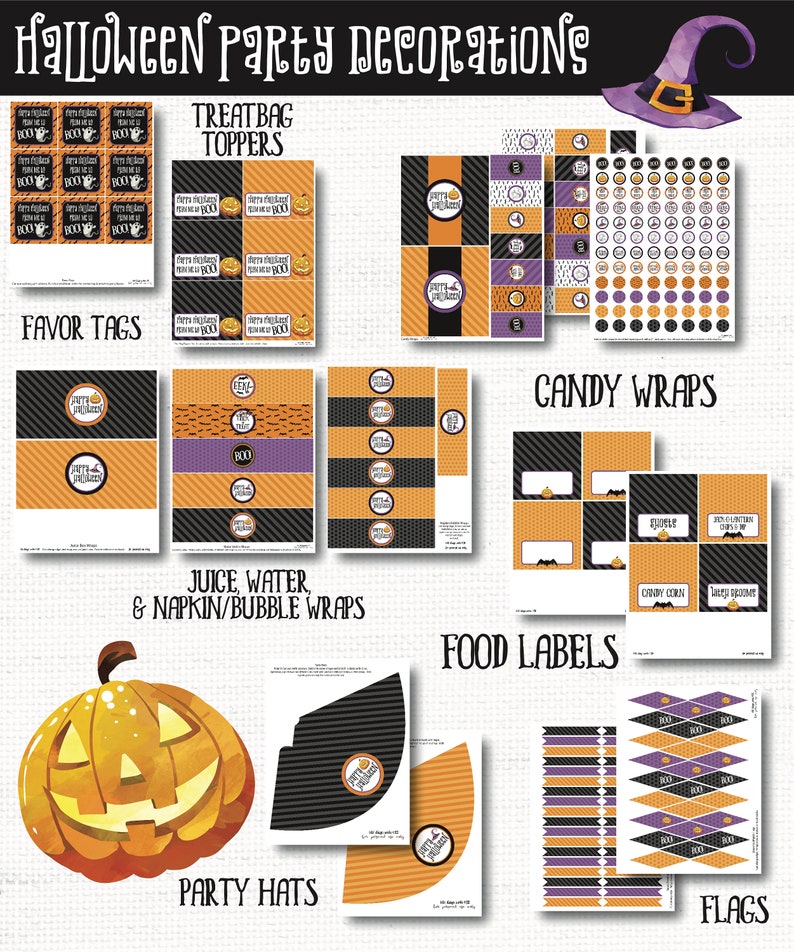 May include: Printable Halloween party decorations in orange, black, and purple. Includes treat bag toppers, favor tags, juice and water bottle wraps, candy wraps, food labels, party hats, and flags. The text on the image says "Halloween Party Decorations", "Treatbag Toppers", "Favor Tags", "Juice, Water, & Napkin/Bubble Wraps", "Party Hats", "Candy Wraps", "Food Labels", and "Flags".