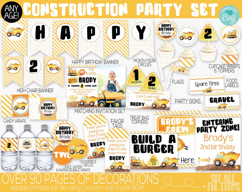 May include: A construction-themed party set with various decorations. Includes a banner that spells "HAPPY", cupcake toppers, water bottle labels, and invitation sets. The set features images of construction vehicles and the text "Brody's 2nd birthday".